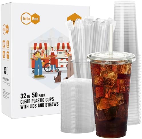 Turbo Bee 50 Sets 32 OZ Clear Plastic Cups with Lids and Straws, Disposable To Go Iced coffee cups with lids for Cold Drinks, Smoothie, and Slushie by TurboBee