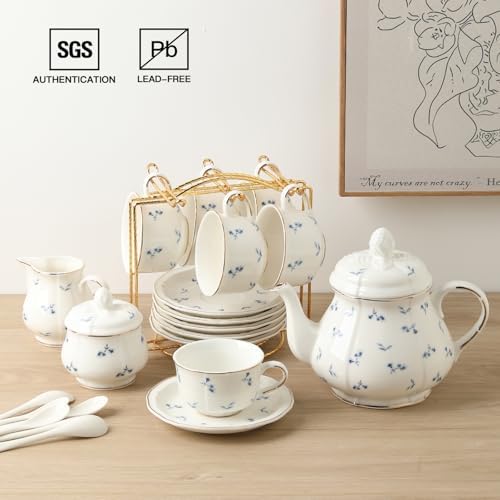 Sweejar 23 Pcs Floral Tea Sets with Metal Holder, Relief Gold Rim Porcelain Tea Sets for Adults, Cup and Saucer Set for 6, with Teapot, Sugar Bowl, Milk Jug, Spoons (Blue Flower) - Image 2