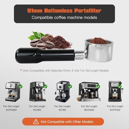 2026 New 51mm Bottomless Portafilter for Delonghi ECP3420/ECP3120/EC155/BCO430/EC260, 2 Ears, with Stainless Steel Double Shot Capacity Cup Filter Basket - Image 4