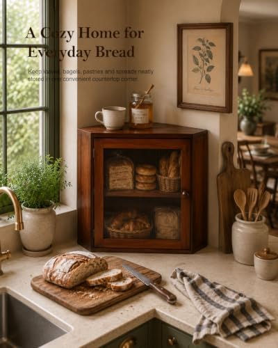 Brown Corner Bread Box, 2 Tier Bamboo Bread Storage for Kitchen Countertop - Image 2
