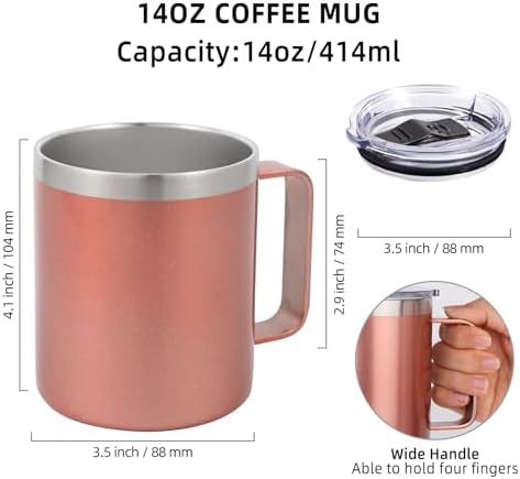 Volhoply 14oz Insulated Stainless Steel Coffee Mug with Lid Bulk 8 Pack,Double Wall Vacuum Travel Coffee Cup with Handle,Reusable Cups Tumbler Cup,Camping Mugs Keep Hot,Ideal Gifts(Rose Gold,8) - Image 2