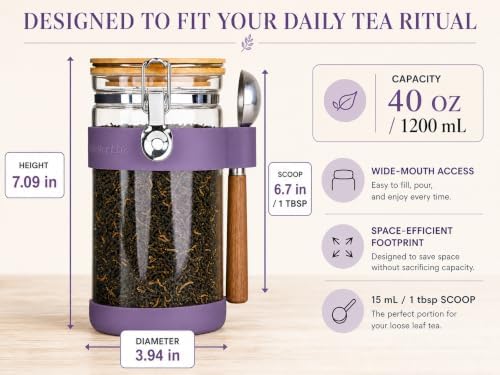 KKC Airtight Glass Tea Canister 40 oz/1200 ml with Scoop, Loose Leaf Tea Storage Container with Bamboo Lid & Silicone Base Protector for Home Tea Bar, Herbal & Black Tea Jar, Lavender - Image 4