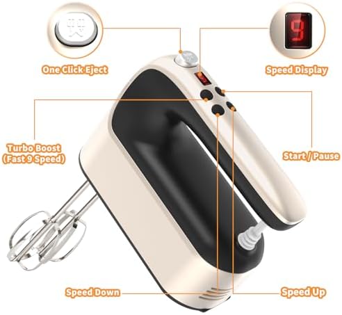 Yomelo 9-Speed Digital Hand Mixer Electric, 400W Powerful DC Motor, Hand Mixer Electric Handheld with Snap-On Storage Case, 5 Stainless Steel Accessories, Beaters, Dough Hooks, Whisk(Champagne Gold) - Image 2