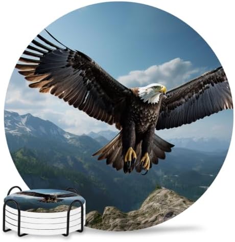 Eagle Drink Coasters Set of 4 with Holder,Absorbent Round Ceramic Coasters for Desk,Forest Mountains Range Sky Animal Natural Landscape Cup Mats for Home Kitchen Office Party Coffee Table Decoration by Unknown
