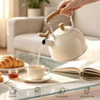 Tea Kettle for Stove Top, 3.2 Quart / 3 Liter Whistling Tea Kettle, Stainless Steel Tea Pot with Wood Pattern Folding Handle, Beige - Image 5