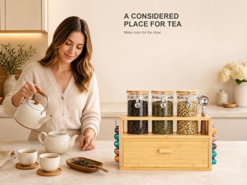 KKC HOME ACCENTS Bamboo Tea Station Organizer Set with 3 Glass Jars Drawer - Image 3