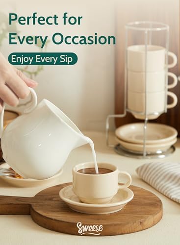 Sweese Porcelain Espresso Cups Set, 2.5 oz, Stackable with Saucers Metal Stand, Beige, 4 Pack - Image 5
