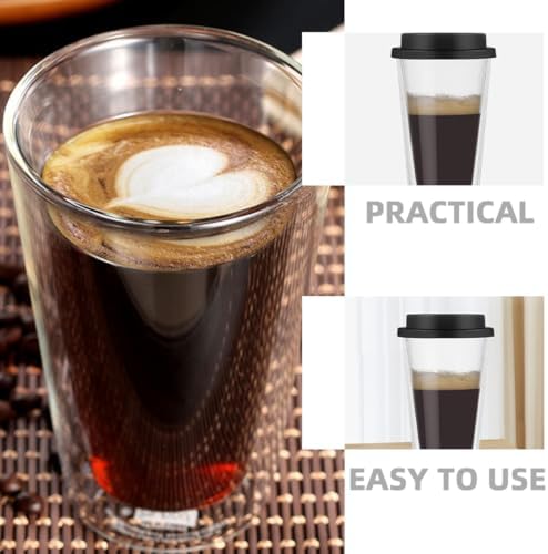350ml Black Double Wall Glass Coffee Mug with Silicone Lid - Image 7