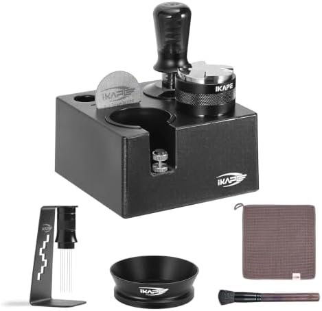IKAPE 51MM Black Espresso Tool Set 8 IN 1, Coffee Tamper, Distributor, Magnetic Funnel, Puck Screen, Tamper Station, Stirrer Distribution Tool, Cleaning Towel and Brush by IKAPE