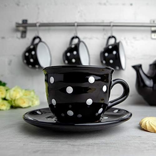 City to Cottage Handmade Black and White Polka Dot Large Ceramic 12oz/350ml Cappuccino Coffee Tea Cup and Saucer, Unique Designer Pottery for Tea Lovers - Image 2
