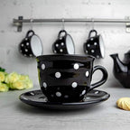 City to Cottage Handmade Black and White Polka Dot Large Ceramic 12oz/350ml Cappuccino Coffee Tea Cup and Saucer, Unique Designer Pottery for Tea Lovers - Image 2