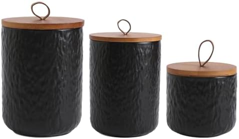 Black White Ceramic Coffee Canister Tea Canister with Seal Wood Lid, Airtight Coffee Storage Container for Coffee Bean, Ground Coffee, Sugar, Cookie Candy jar (Black three piece) by MEIGLQEA