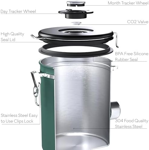 38oz / 22oz Coffee Canister – Airtight Stainless Steel Storage Container with Date Tracker & Scoop, Sealed Jar for Grounds, Beans, Tea, Flour, Cereal, and Sugar (Green Vibes, 22OZ) - Image 5