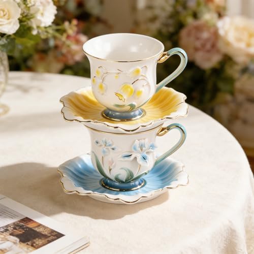 KAMMAK Tea Cups and Saucers Set of 2, Porcelain Coffee Cups, NX015 - Image 7