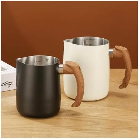 Milk Frother Cup,Coffee Jug,600/900ML Stainless Steel Milk Frothing Jug Precise Scale Wooden Handle Latte Coffee Cup Coffeeware Kitchen Cafe Accessories(Silver,600ML) - Image 5