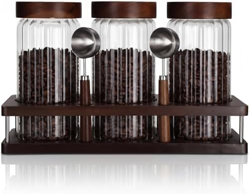 Suclain 3 Pcs 44 oz Glass Coffee Grounds Container with Shelf Glass Coffee Bean Storage Canisters with Airtight Lid and Measuring Spoon Food Storage Jars for Kitchen Sugar (Trendy Style) by Suclain