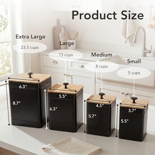 PERFNIQUE Kitchen Canisters, Airtight Canister Sets for Kitchen Counter, Kitchen Canisters for Countertop Set of 4, Coffee Tea Sugar Flour Spice Tin Jars Food Storage Container with Lid(Black) - Image 2