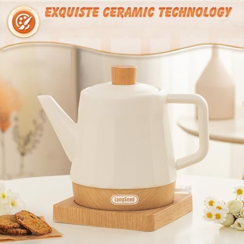 Ceramic Electric Kettle, Automatic Shut Off Tea Kettle & Hot Water Boiler Pot For Coffee & Tea, Prevent Boil Dry, 1.2L 1000W, Cream White - Image 2