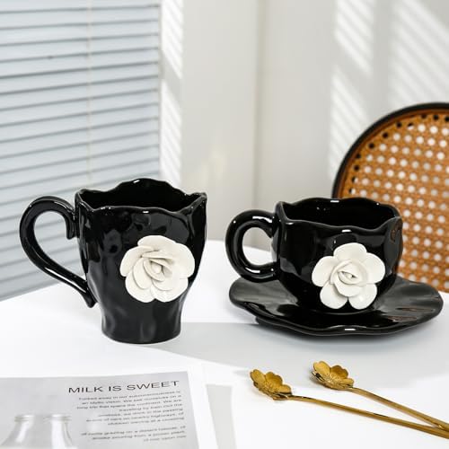 Cute Ceramic Coffee Cups, Unique Fancy Tea Cups with Saucer, 11OZ for Cappuccino Latte Milk (Pack of 2) - Image 7