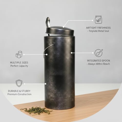 Food Storage Canister with Built-in Scoop, Round Tinplate Metal Jar for Loose Leaf Tea Organization, Black Finish - Image 4
