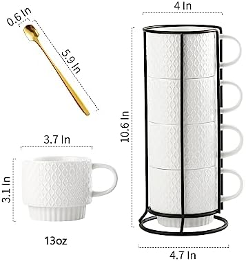 Gomakren Stackable 13oz Coffee Mugs Set of 4 with Stand & Spoons, White - Image 4
