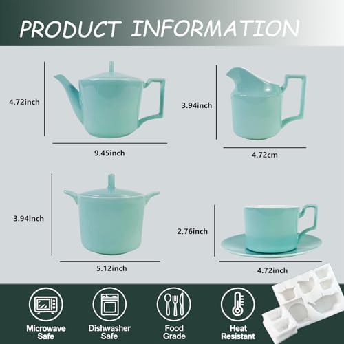 Mint Green Tea Set with Teapot, Cups, Sugar & Creamer Set, Afternoon Tea - Image 6