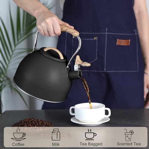 Tea Kettle, Vegoran 100 OZ / 3 Liter Whistling Tea Kettle, Tea Pots for Stove Top Food Grade Stainless Steel with Wood Pattern Folding Handle, Loud Whistle Kettle for Tea, Coffee, Milk (Black) - Image 7