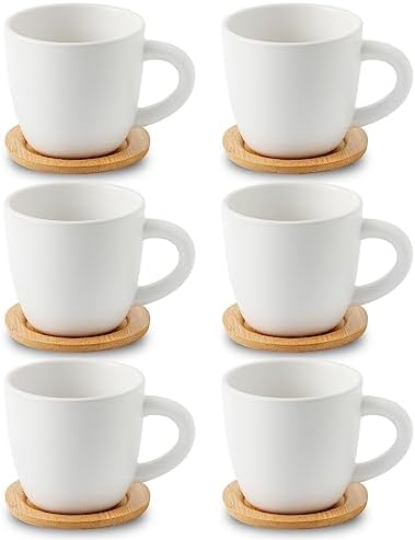 HASENSE 8 oz Cappuccino Cups with Saucers set of 6, Porcelain Coffee Mugs Latte Mugs with Handle Perfect for Double Shot, Americano, Milk and Tea, White by Hasense