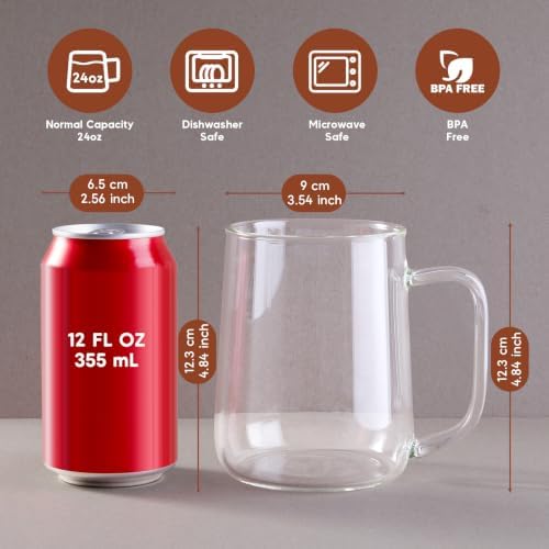 Large Glass Coffee Mugs, 24 oz Glass Coffee Cups Set of 4, Clear Borosilicate Glass Mugs with Handles for Cappuccino, Tea, Latte, Hot/Cold Beverages, Wine, Americano, Smoothies - Image 2