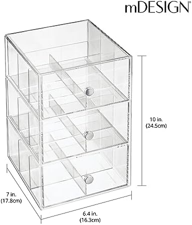 mDesign Plastic Wide Kitchen Pantry, Cabinet, Countertop Organizer Storage Station with 3 Drawers for Coffee, Tea, Sugar Packets, Sweeteners, Creamers, Drink Pods, Packets; 18 Sections - Clear - Image 3