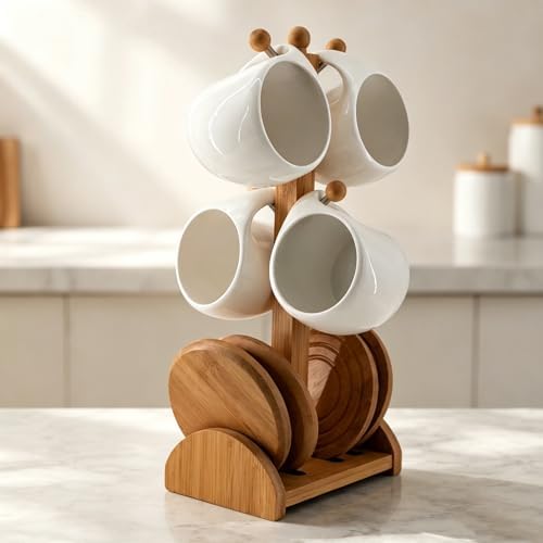 Espresso Cups Set of 4, 8.45 oz Ceramic Coffee Cups with Saucers & Wooden Stand, Microwave & Dishwasher Safe Cappuccino Tea Cups, Coffee Accessories for Espresso Machine by Unknown