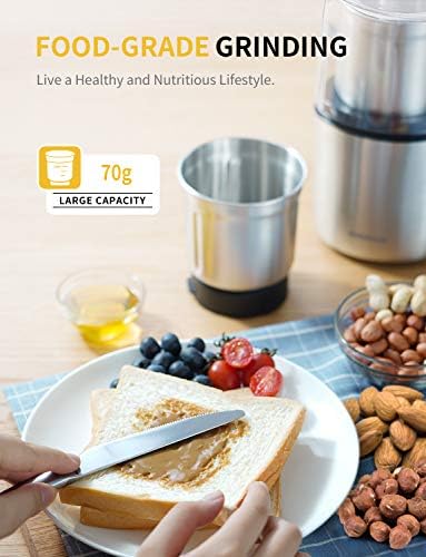 SHARDOR Electric Coffee Grinder Herb Blade Grinder Spices Grinder with 2 Removable Stainless Steel Bowls, Silver - Image 4
