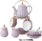 CLAY TONIC-8 OZ Porcelain Purple Coffee/Teacup and Saucer Set with Holder by CLAY+TONIC