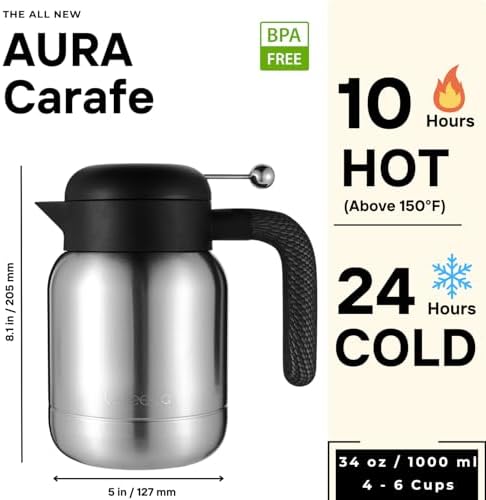 Aura Thermal Coffee Carafe Tea Pot for Keeping Hot & Iced Cold - Vacuum Insulated - Water Pitcher - Beverage Dispenser - Leakproof Cool touch handle - BPA Free - 1 Liter - Stainess - Image 2