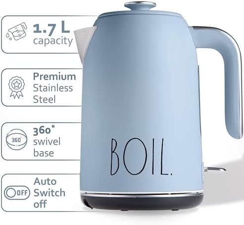 Rae Dunn Electric Hot Water Kettle - Stainless Steel Coffee Maker, Tea Kettle, Swivel Base, With Automatic Shut Off Boil-Dry Protection, Easy Pour, 1500 Watt Boiling Power, 1.7 Liters, Baby Blue - Image 2