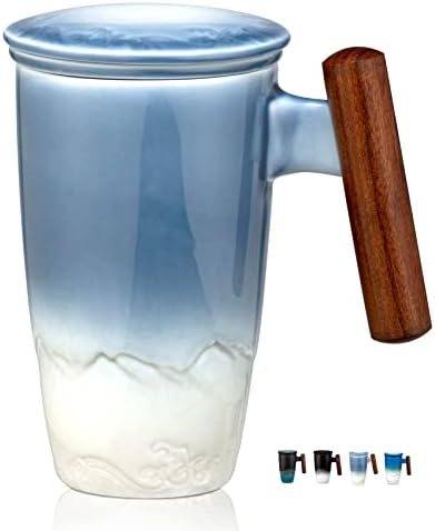 suyika Tomotime Tea Cup with Infuser and Lid 400ml Ceramic Tea Mugs Smooth Inner Wall Wooden Handle 13.5 oz,Blue by suyika