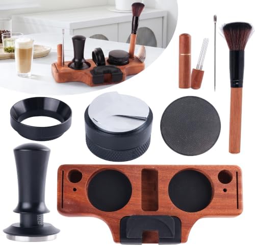 8 Pcs espresso accessories kit with Wooden Espresso Tamping Station (51mm 53mm 58mm), Espresso Machine Accessories Set: Tamper, Distributor, Dosing Ring, WDT Tool, Puck Screen, Brush & Art Pen(58mm) by Unknown