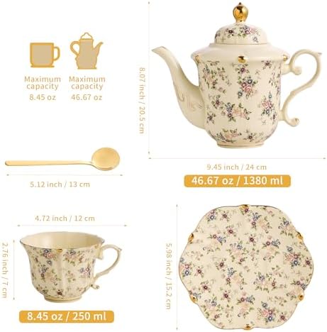TATSUMI Country Roses Porcelain Tea Set, European Ceramic tea set for adults,Vintage Style, For Women and Tea Parties (Yellow, 13 Pieces Set) - Image 2