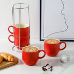 Hasense 12 Oz Coffee Mugs Set of 4 with Rack, Red Stackable Coffee Cups Ceramic, Modern Ribbed Latte Cup Sets for Cappuccino, Tea, Espresso, Hot Cocoa, Drinks - Dishwasher & Microwave Safe - Image 2