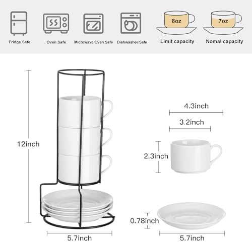 8 OZ Stackable Cappuccino Cups with Saucers and Metal Stand Set of 4 - Image 2