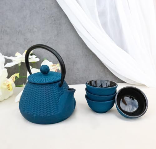 Ebros Gift Traditional Oriental Tetsubin Small Cast Iron 10oz Teapot With Strainer And 4 Mini Tea Cups 1oz Asian Fusion Housewarming Tea Service Drinkware Accent (Royal Blue Tokusa Geometry) - Image 2