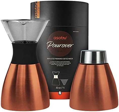 asobu Insulated Pour Over Coffee Maker (32 oz.) Double-Wall Vacuum, Stainless-Steel Filter and Take on the Go Carafe (Copper) by Asobu
