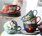 Cappuccino Cups with Saucers Set of 4 – 8oz Ceramic Coffee Cups, Latte Espresso Mugs with Floral Design, Colorful Coffee Cup Set for Cappuccino, Latte, Mocha (4 colors) - Image 3