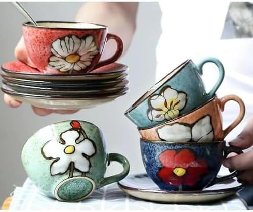 Cappuccino Cups with Saucers Set of 4 – 8oz Ceramic Coffee Cups, Latte Espresso Mugs with Floral Design, Colorful Coffee Cup Set for Cappuccino, Latte, Mocha (4 colors) - Image 3