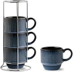 Hasense Navy Coffee Mugs Porcelain Set of 4 with Rack - 12 oz Stackable Coffee Cups Ceramic, Modern Ribbed Latte Cup Sets for Cappuccino, Tea, Espresso, Hot Cocoa, Drinks - Dishwasher & Microwave Safe by Hasense