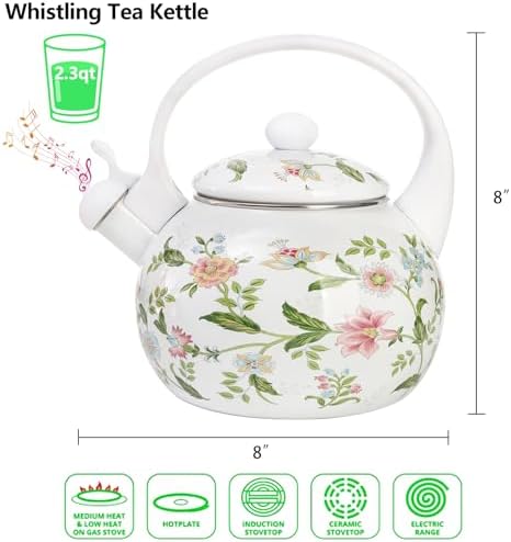 Jucoan 2.3 Quart Vintage Enamel Tea Kettle, Whistling Tea Kettle for Stove Top, Floral Enamel on Steel Teakettle Teapot for Home Kitchen Camping, Gift for Wedding Housewarming Mother's Day - Image 2