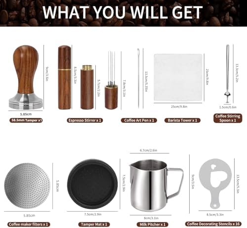 58.5mm,Espresso Accessories Kit, 24PCS Coffee Tamper Set ， Barista Kit, WDT Tool,stainlesss Frothing Pitcher, Stirrer, Tamper Mat, Latte Art Pen ， Coffee puck screen - Image 2