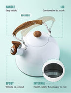 Tea Kettle, BELANKO 85 OZ / 2.5 Liter Whistling Tea Kettle, Tea Pots for Stove Top Food Grade Stainless Steel with Wood Pattern Folding Handle, Loud Whistle Kettle for Tea, Coffee, Milk - Gloss White - Image 4