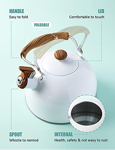 Tea Kettle, BELANKO 85 OZ / 2.5 Liter Whistling Tea Kettle, Tea Pots for Stove Top Food Grade Stainless Steel with Wood Pattern Folding Handle, Loud Whistle Kettle for Tea, Coffee, Milk - Gloss White - Image 4