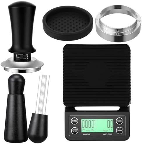 5 Pcs 53mm Espresso Accessories Kit, 3kg/0.1g Accurate Coffee Scale with Timer, Coffee Distributor Spring Loaded Calibrated Tamper WDT Tool and Dosing Funnel Set Fits 53mm Espresso Machines by Acellegic